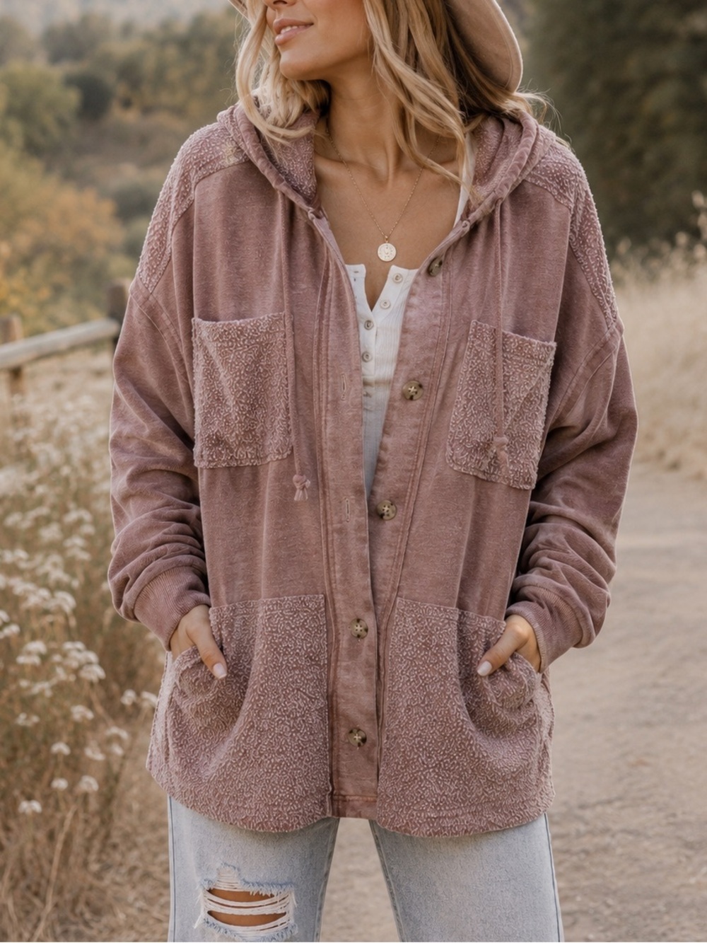 Thread & Supply Mauve Hooded Shacket Jacket Medium Oversized Button Front